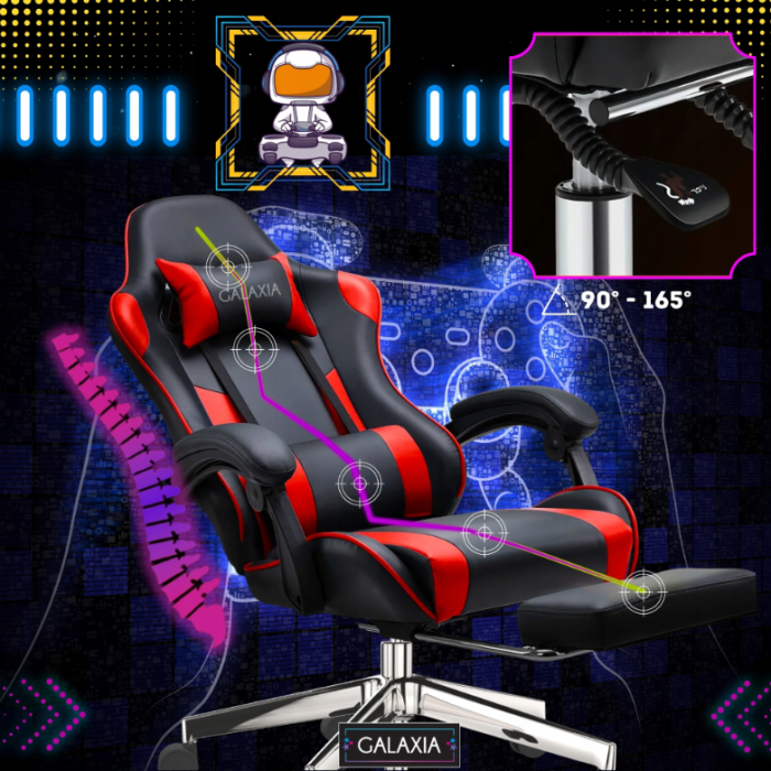 Геймерське Крісло з підставкою для ніг GALAXIA чорний+червоний -Стильний Дизайн - Зображення 3