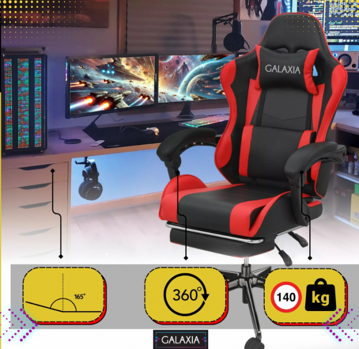 Геймерське Крісло з підставкою для ніг GALAXIA чорний+червоний -Стильний Дизайн - Зображення 4