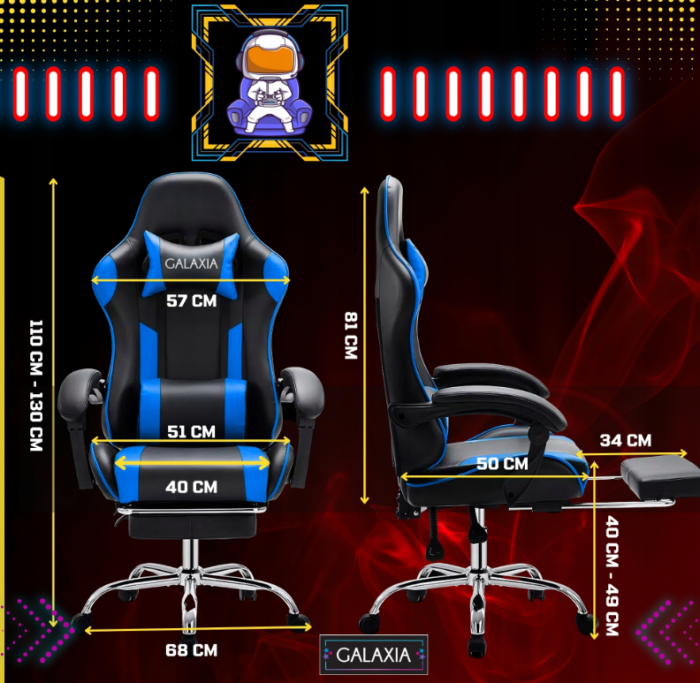 Геймерське Крісло з підставкою для ніг GALAXIA чорний+синій -Комфорт та Стиль - Зображення 2