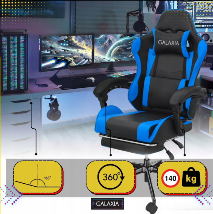 Геймерське Крісло з підставкою для ніг GALAXIA чорний+синій -Комфорт та Стиль - Зображення 4