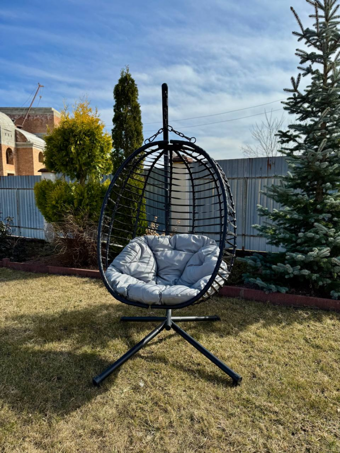 Підвісне садове крісло гойдалка (кокон / гніздо) чорне SAN VITO + сіра подушка - Зображення 5