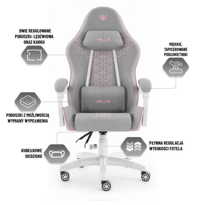 Геймерське крісло Hell's Chair HC-1008 Grey Pink 2.0 тканина/сітка - Зображення 7