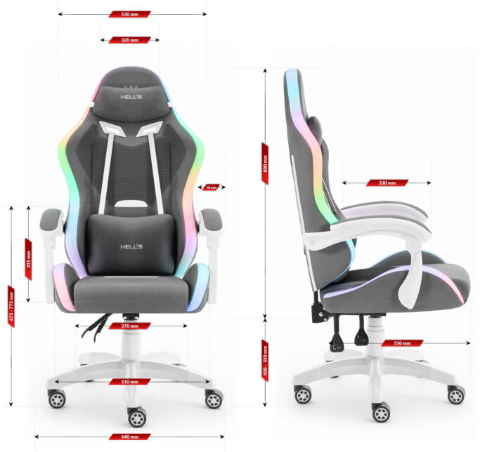 Геймерське крісло Hell's Chair HC-1012 LED RGB Grey White тканина - Зображення 10