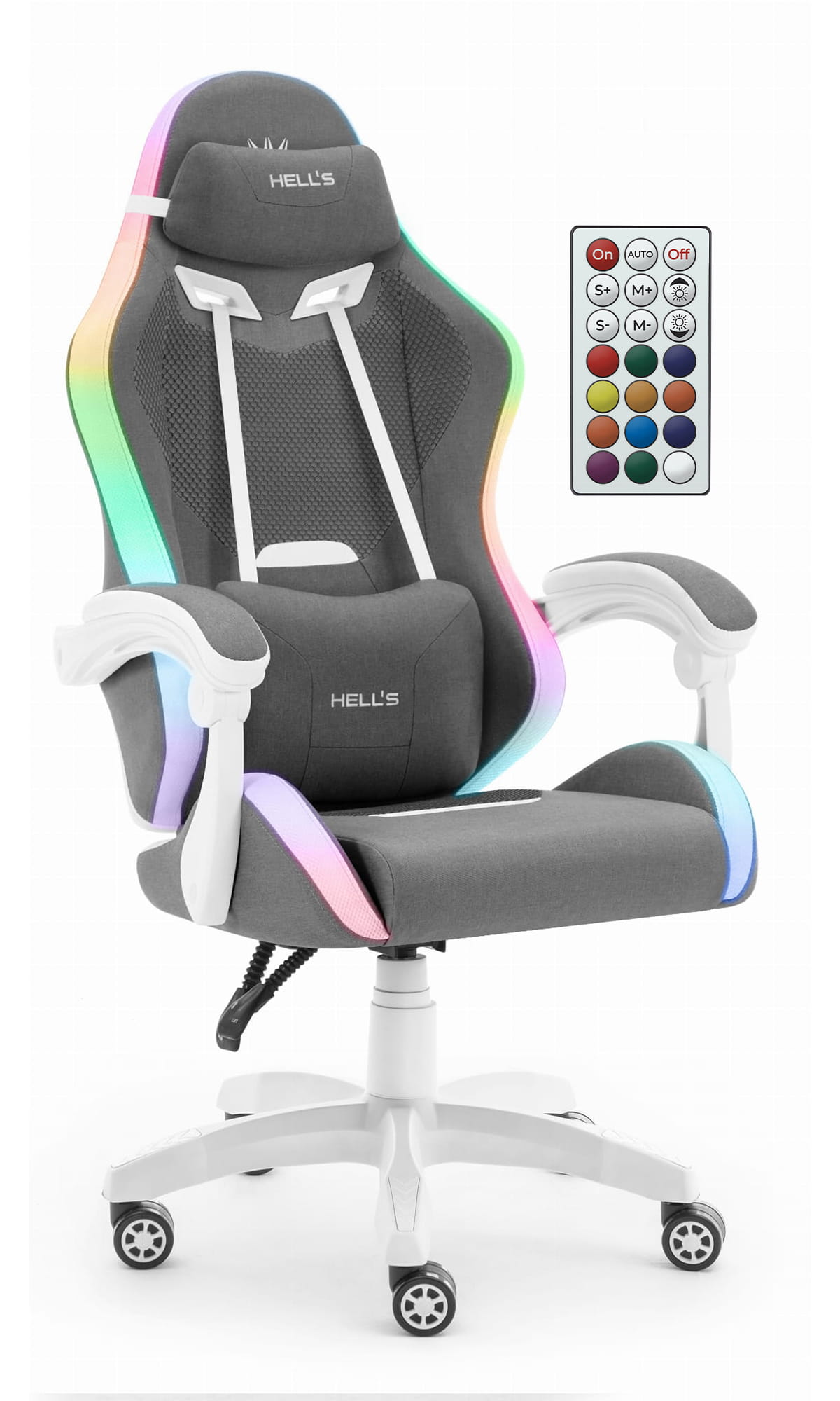 Fotel-gamingowy-Hells-Chair-HC-1012-Grey-White-Szary-Bialy-LED-RGB-Tkanina Геймерське крісло Hell's Chair HC-1012 LED RGB Grey White тканина - Зображення 1
