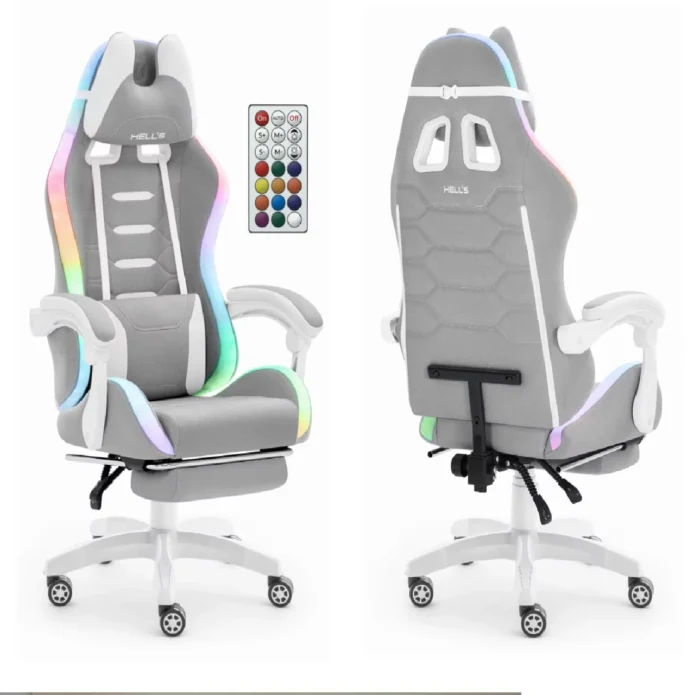 Геймерське крісло Hell's Chair HC-1039 2.0 LED RGB Grey White тканина - Зображення 6