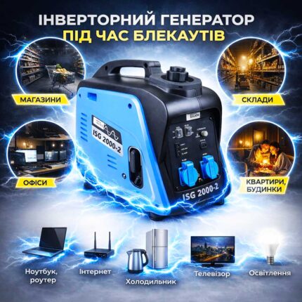 Інверторний бензиновий портативний генератор GÜDE ISG 2000-2 40720 19.9 кг 2.0 кВт з чистою синусоїдою інфографіка