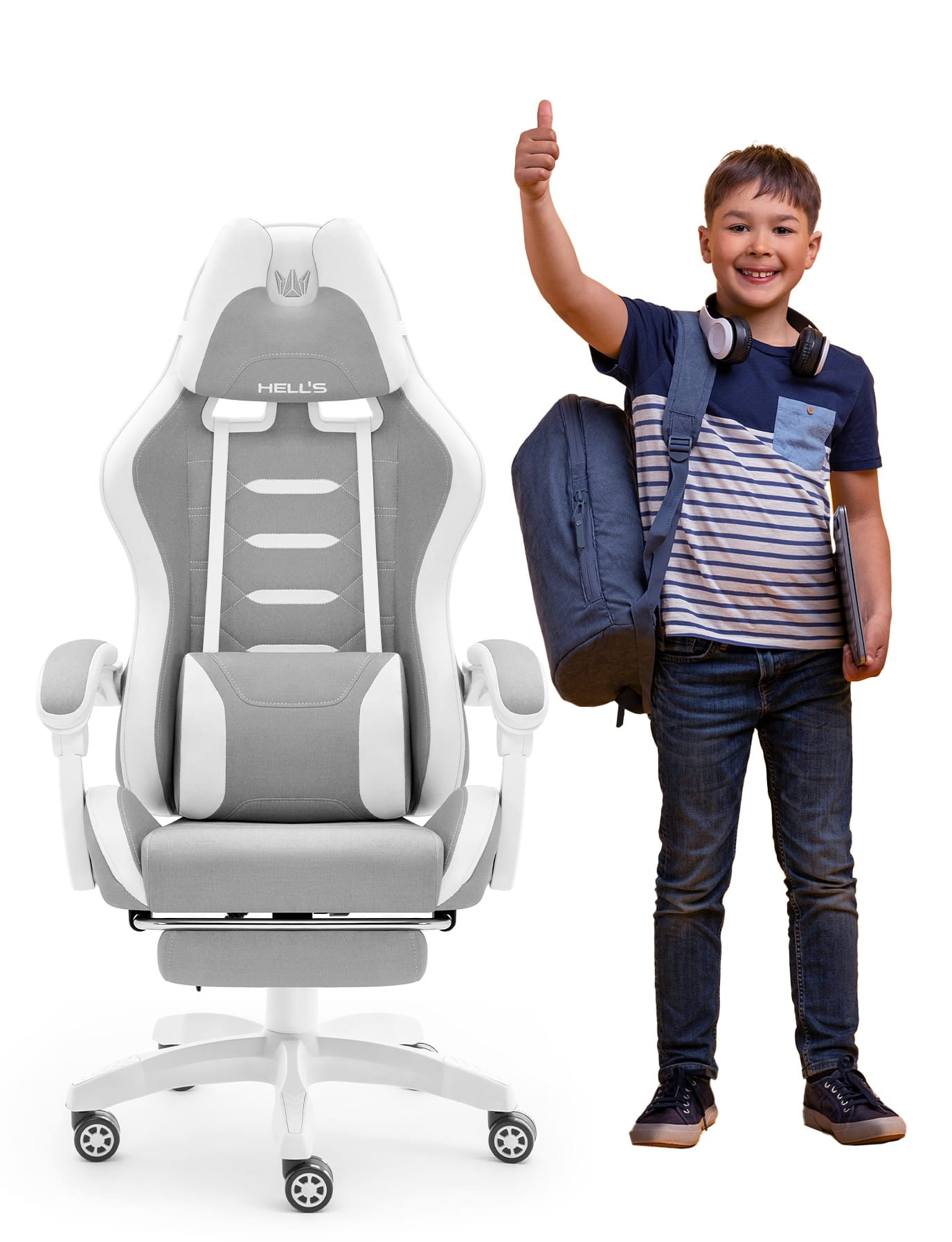Fotel-gamingowy-dla-dzieci-Hells-Chair-HC-1039-2.0-Grey-Szary-Tkanina Геймерське крісло Hell's Chair HC-1039 2.0 Grey White дитяче тканина - Зображення 1