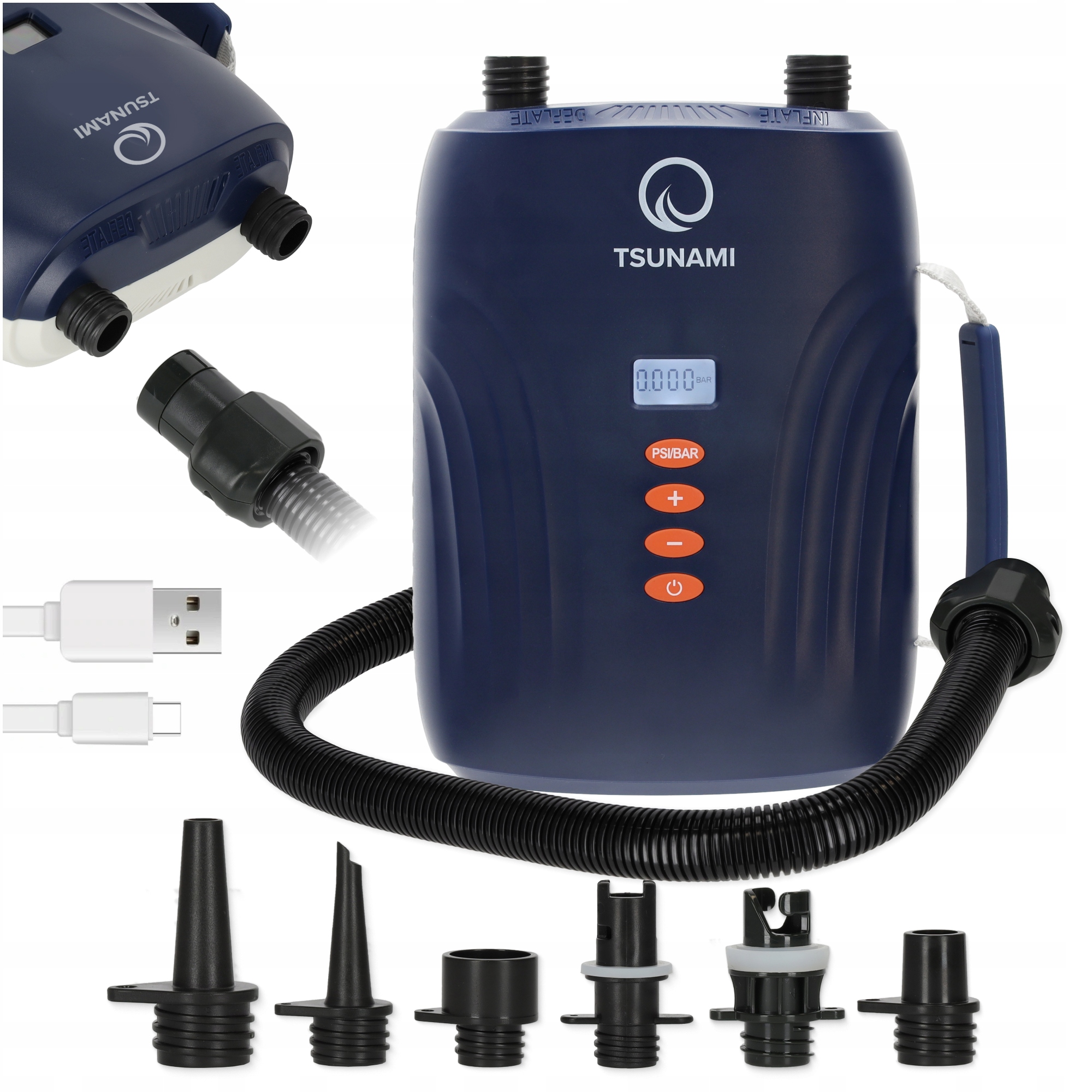 pompka-elektryczna-do-deski-sup-tsunami-na-baterie-z-akumulatorem-szybka Електричний насос для SUP-дошки TSUNAMI CAR DAP-02 зі змінними наконечниками - Зображення 1