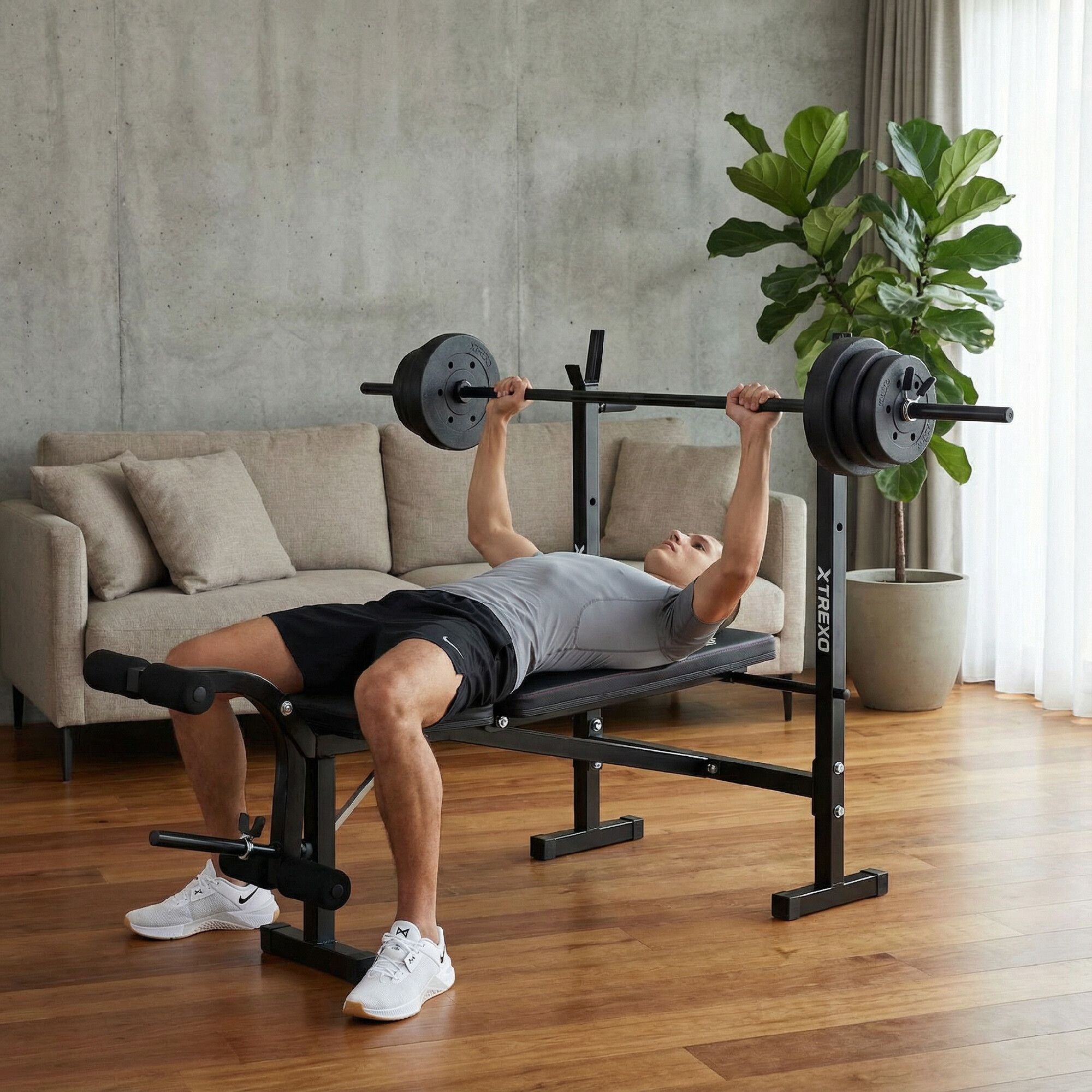 lawka-treningowa-xtrexo-benchfit-lite-ze-stojakiem-i-sztanga-czarny-1839664 Тренувальна лава XTREXO BenchFit Lite - Зображення 1