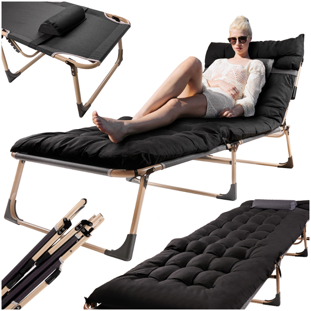 Camping-bed-with-pillow-193-cm-black-170150 Садовий розкладний шезлонг LUARO KX3910_1 кемпінгове ліжко з подушкою чорне 193 см - Зображення 1