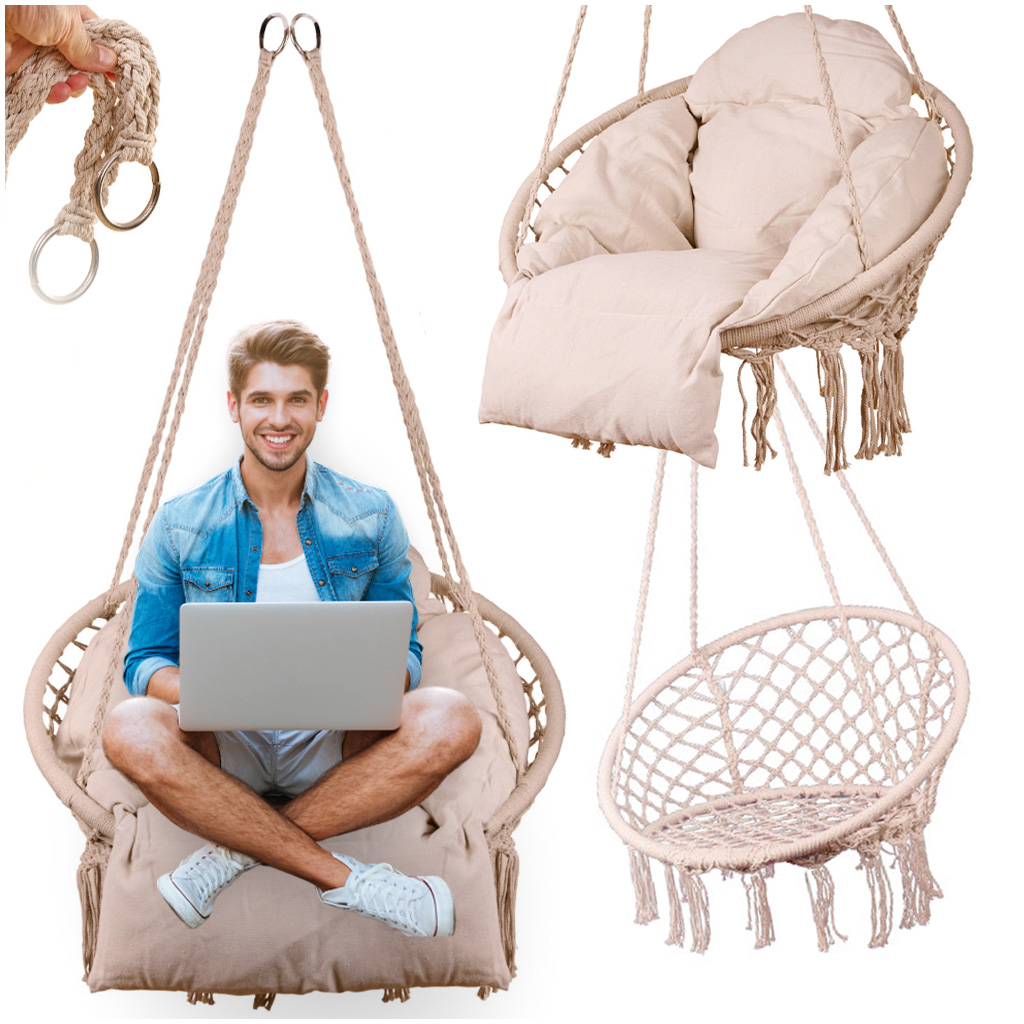Hanging-chair-swing-seat-with-cushion-XXL-ecru-150kg-166672 Підвісне крісло LUARO KX3951«лелече гніздо» з подушкою, бежеве - Зображення 1