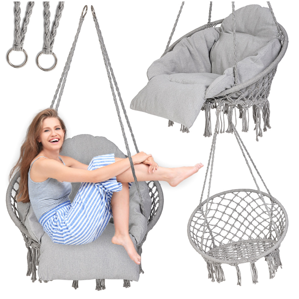 Hanging-chair-swing-seat-with-cushion-XXL-grey-150kg-166673 Підвісне крісло LUARO KX3951_1 «лелече гніздо» сіре з подушкою - Зображення 1