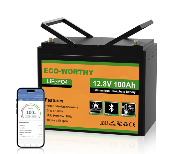 664130583 Акумулятор ECO-WORTHY 12.8V 100Ah LiFePO4 Bluetooth - Зображення 1