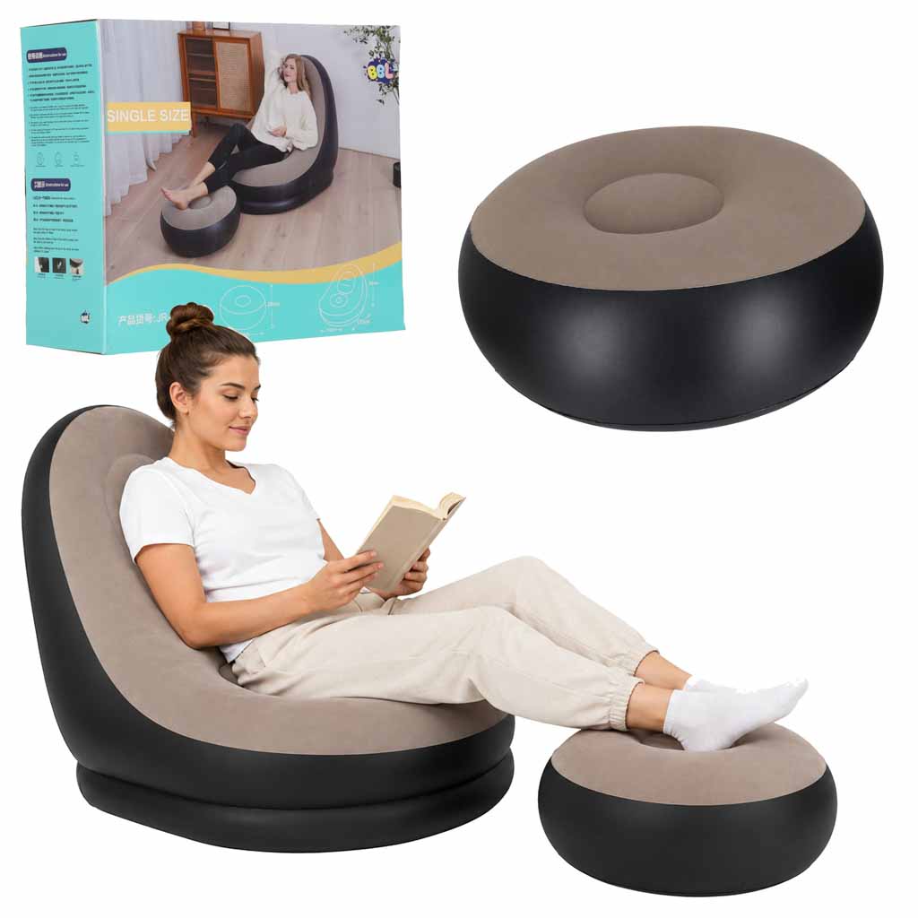 Fotel-z-podnozkiem-wypoczynkowy-dmuchany-sofa-pufa-pompka-zestaw-2w1-187434 Надувне крісло IKONKA KX2695 з пуфом і насосом - Зображення 1